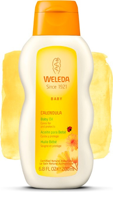 Frasco de Óleo de bebé de Calêndula da Weleda, com destaque para a embalagem e ingredientes naturais como a calêndula.