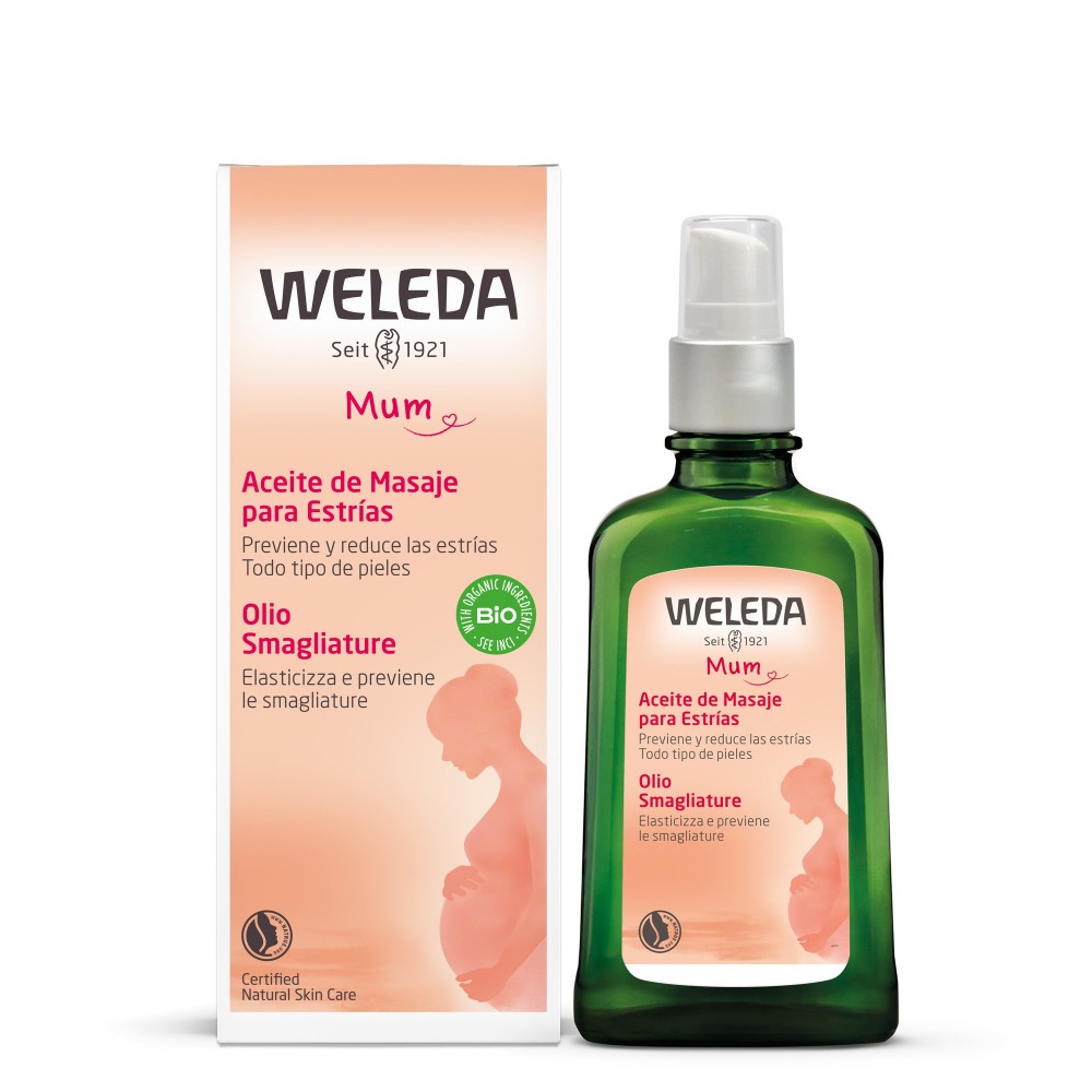 Weleda Óleo de Massagem Anti Estrias 100ml, com embalagem e frasco em destaque, mostrando a sua formulação natural para prevenir e reduzir estrias.