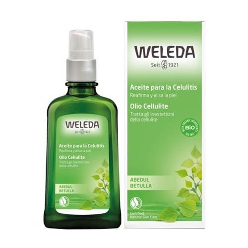 Weleda Óleo de Massagem Anti Celulite 100ml apresentado com embalagem, destacando ingredientes naturais como bétula e alecrim para uma pele mais firme.