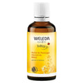 Frasco de vidro âmbar de 50ml do Óleo para o Ventre do Bebé da Weleda, com rótulo amarelo e branco, destacando os ingredientes naturais.