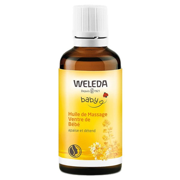 Frasco de vidro âmbar de 50ml do Óleo para o Ventre do Bebé da Weleda, com rótulo amarelo e branco, destacando os ingredientes naturais.