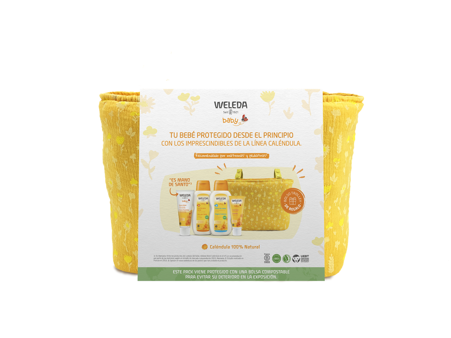Pack Weleda Bem-vindo Bebé com bolsa de passeio, mostrando os quatro produtos essenciais e a bolsa num cenário acolhedor.