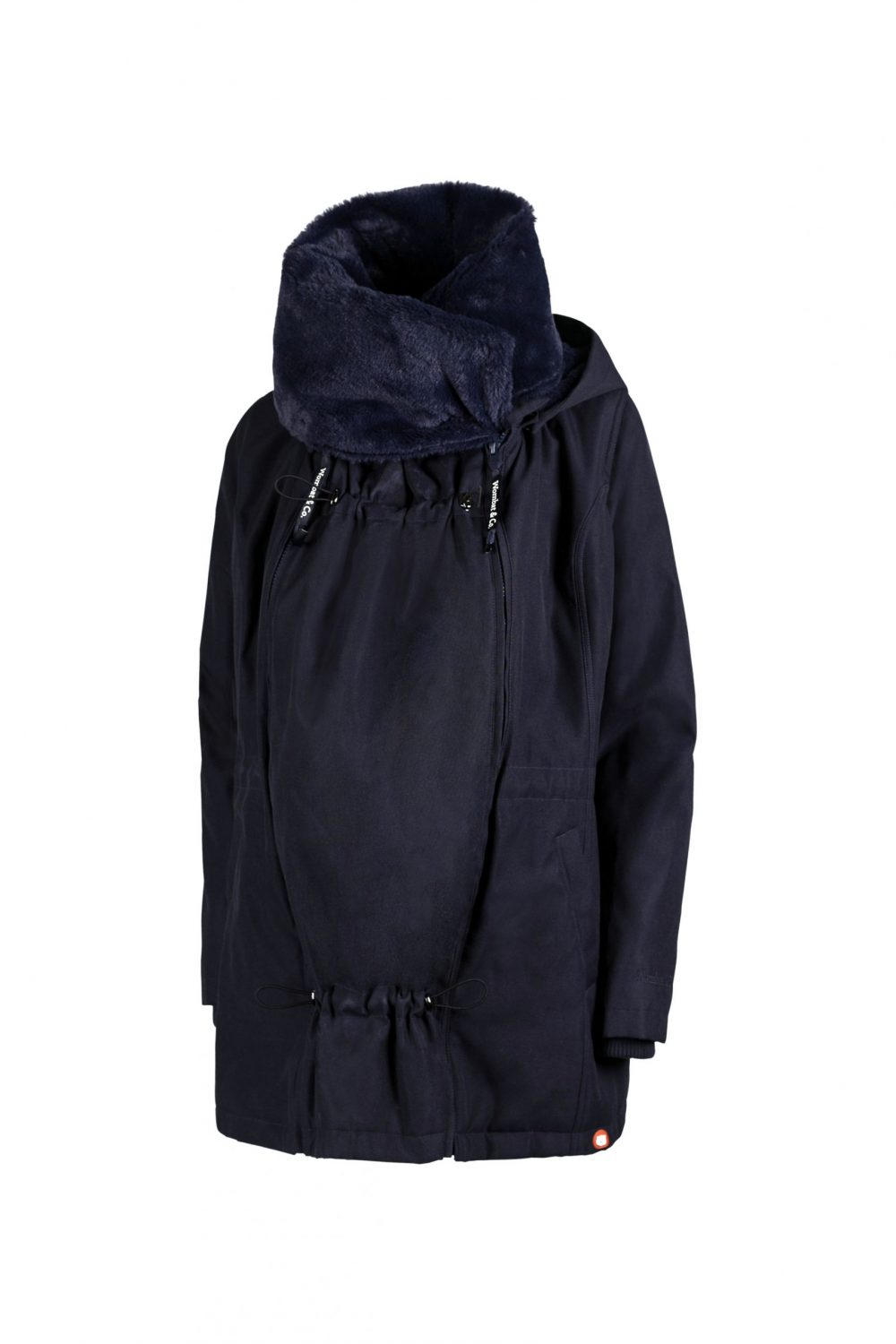 Esquema visual das características técnicas do casaco Wombat Wallaby 2.0, destacando o design 4-em-1 e o fecho traseiro.