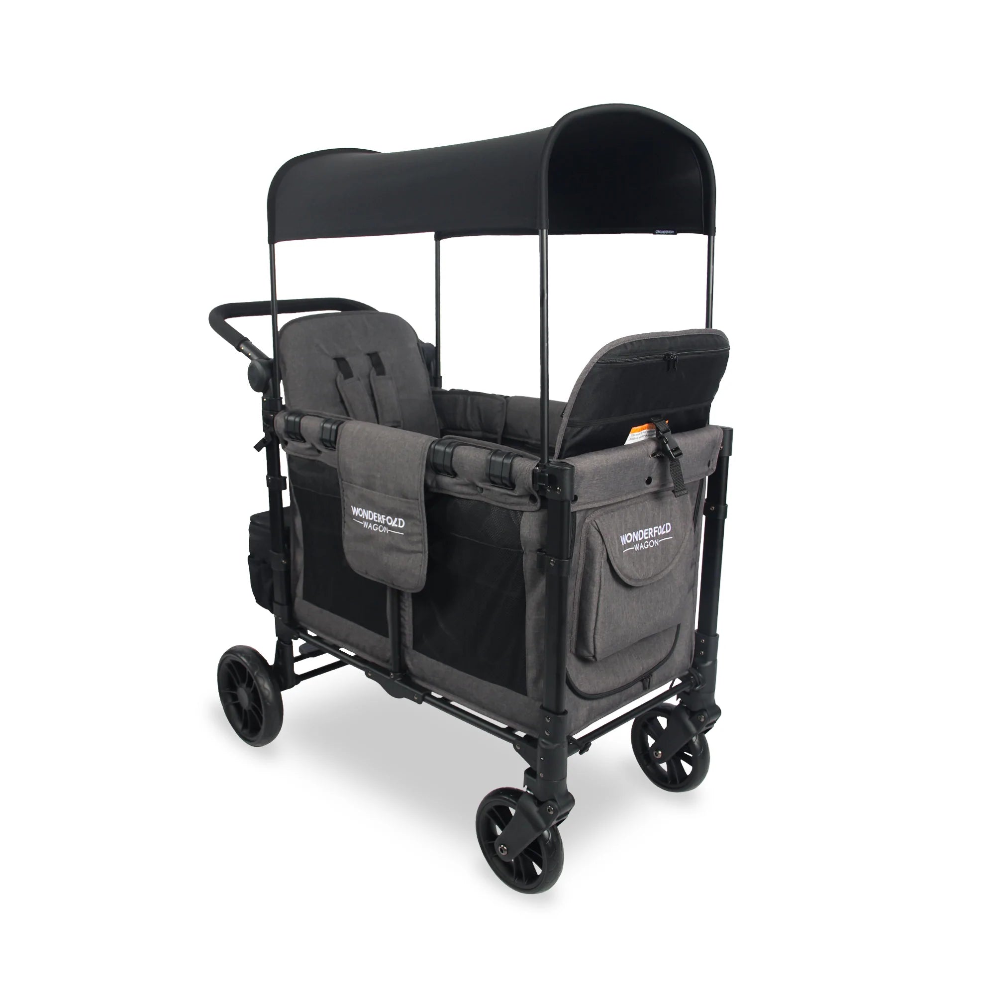 Wonderfold Wagon Serie W cinza para 2 crianças, vista frontal 3/4. Carrinho vagão com capota e assentos.