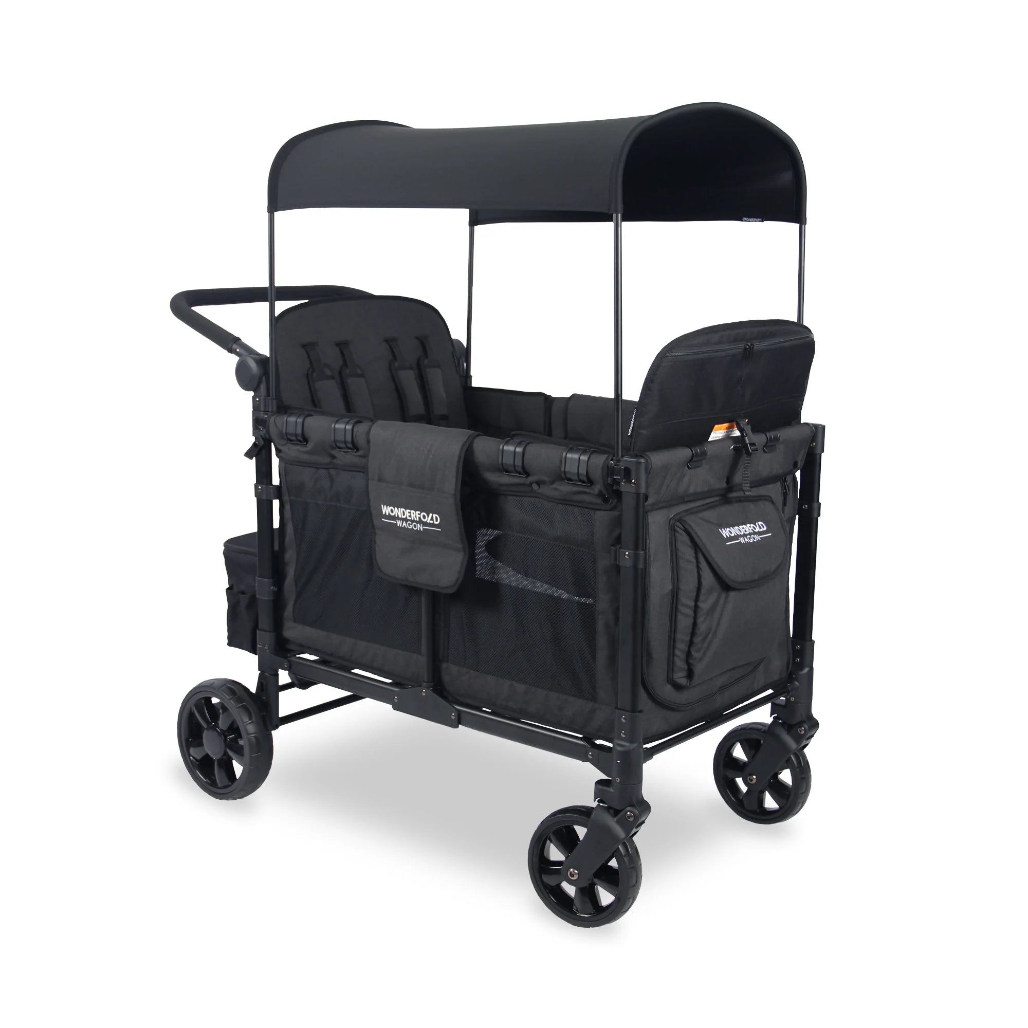 Wonderfold Wagon Serie W preto para 2 crianças, vista frontal 3/4. Carrinho vagão com capota e assentos.