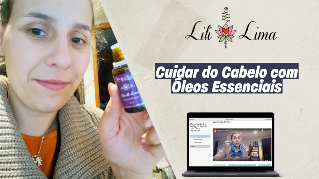 Capa vibrante do Workshop Online Gotu sobre Cabelo e Óleos Essenciais, com mulher sorridente e lavanda.