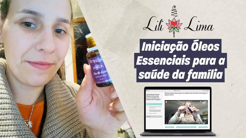 Capa do Workshop Online Gotu sobre iniciação a Óleos Essenciais para a saúde da família, com fundo verde e elementos botânicos.