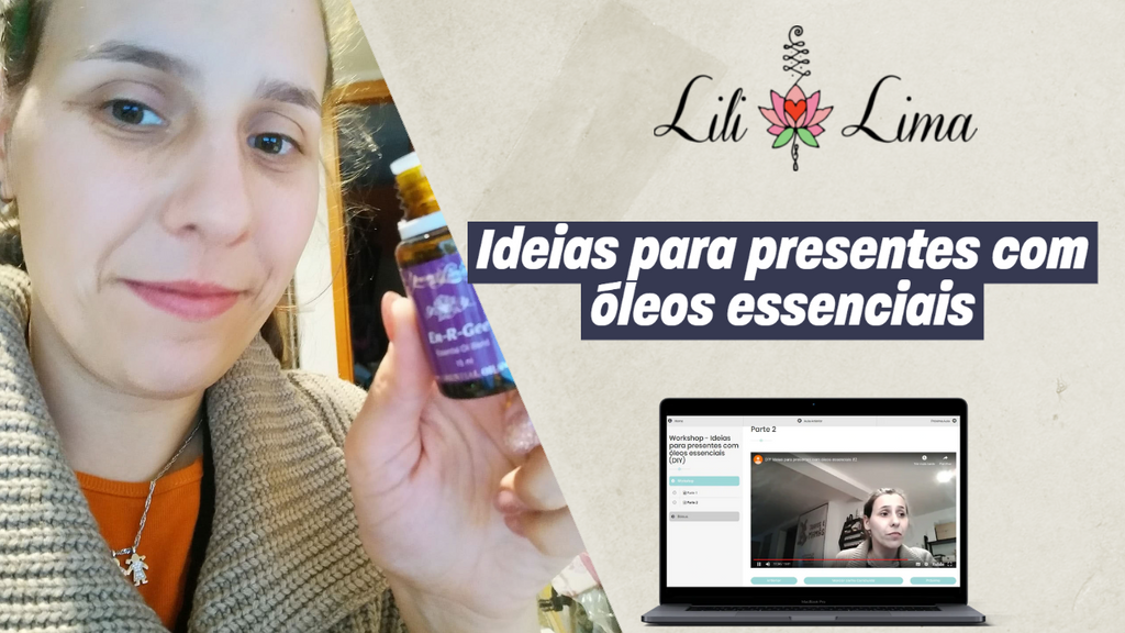Capa do workshop online "Ideias para presentes com óleos essenciais DIY", mostrando frascos de bálsamos labiais e cremes sólidos artesanais.