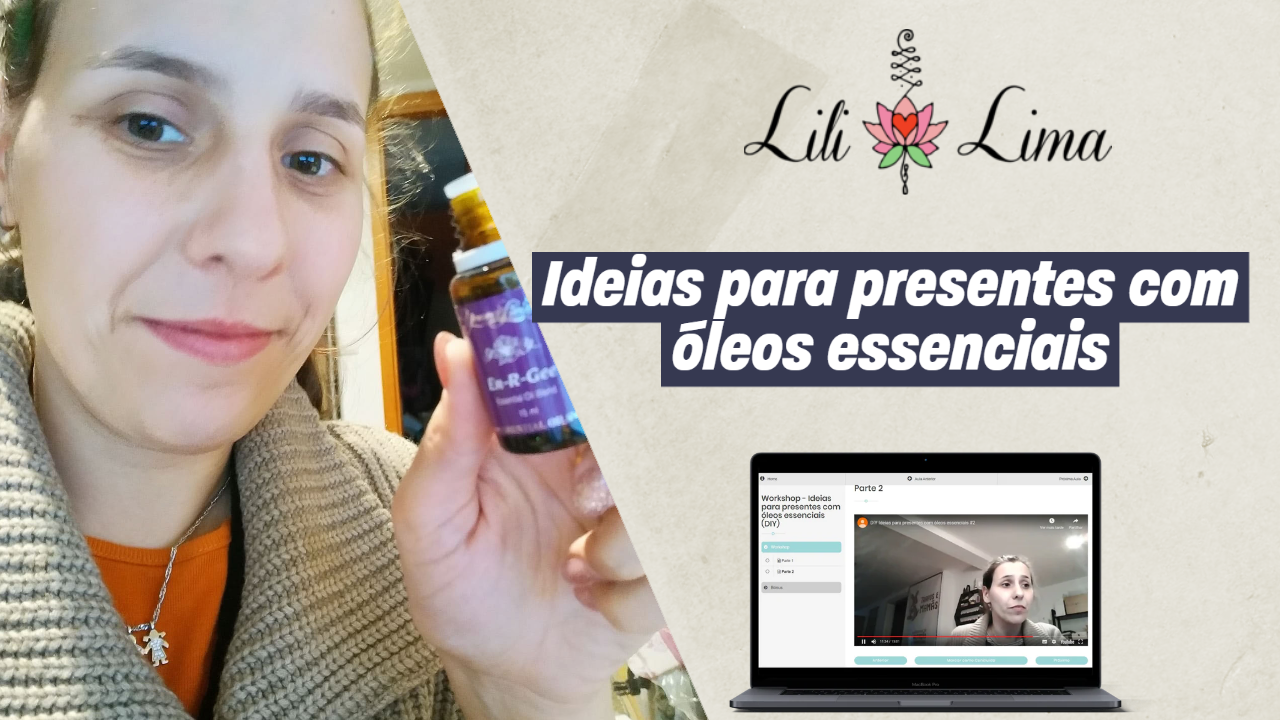 Capa do workshop online "Ideias para presentes com óleos essenciais DIY", mostrando frascos de bálsamos labiais e cremes sólidos artesanais.