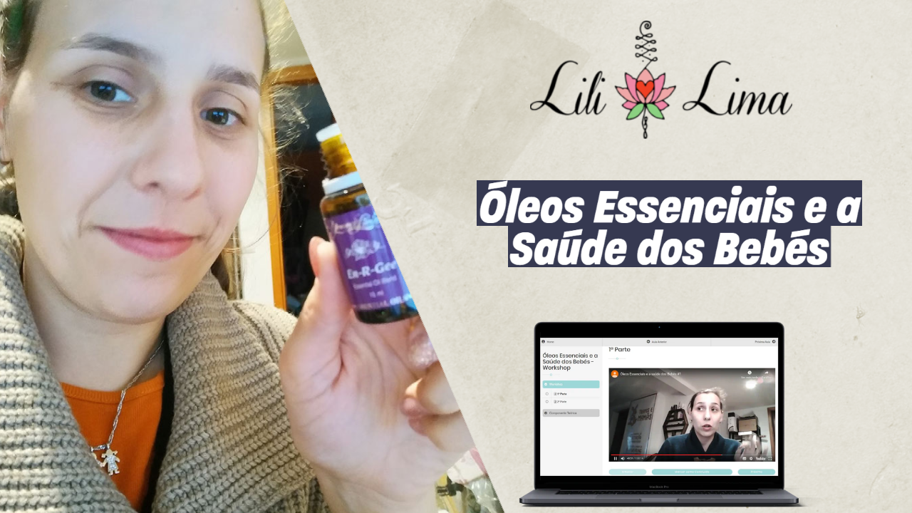 Capa do Workshop Online Gotu sobre Óleos Essenciais e a Saúde dos Bebés, com título em destaque e fundo suave.