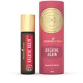 Young Living Breathe Again Roll-On 10ml, aplicador roll-on azul escuro com rótulo branco e detalhes verdes. Imagem principal do produto.