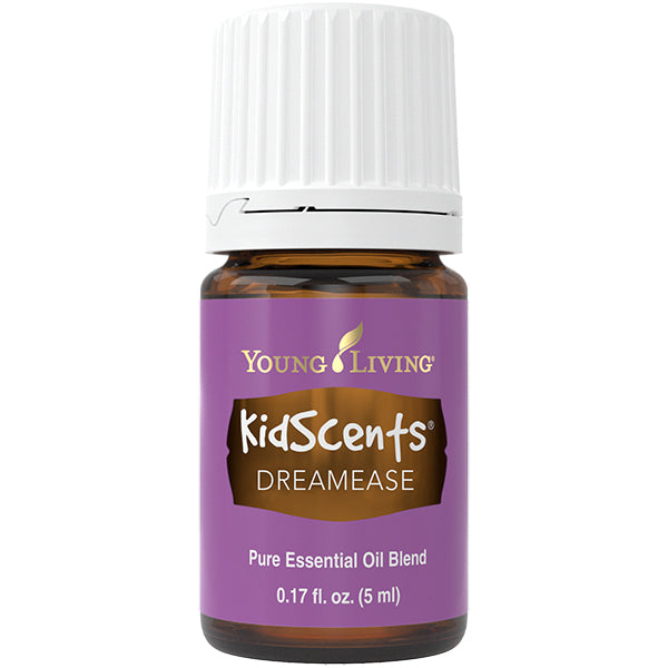 Frasco de óleo essencial Young Living kidScents DreamEase, com rótulo azul e branco, ideal para rotinas de sono infantil.