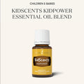 Frasco de 5ml do óleo essencial Young Living KidScents KidPower, com rótulo azul e laranja, promovendo coragem e confiança nas crianças.