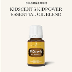 Frasco de 5ml do óleo essencial Young Living KidScents KidPower, com rótulo azul e laranja, promovendo coragem e confiança nas crianças.