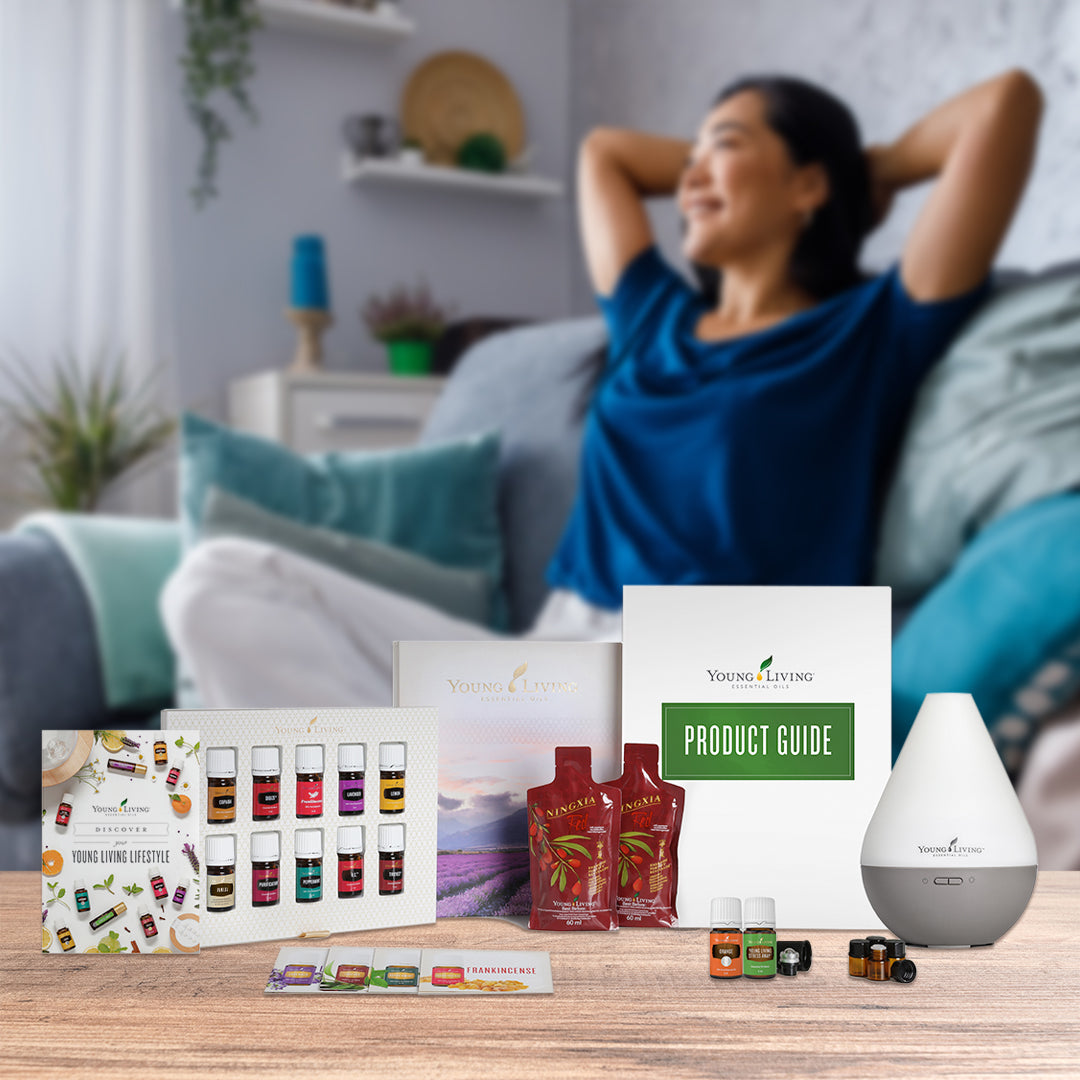Kit Inicial Premium da Young Living com difusor Dewdrop, doze óleos essenciais e amostras NingXia Red.