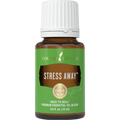 Frasco de 15ml do óleo essencial Stress Away da Young Living, uma mistura calmante com extrato de baunilha e limão.