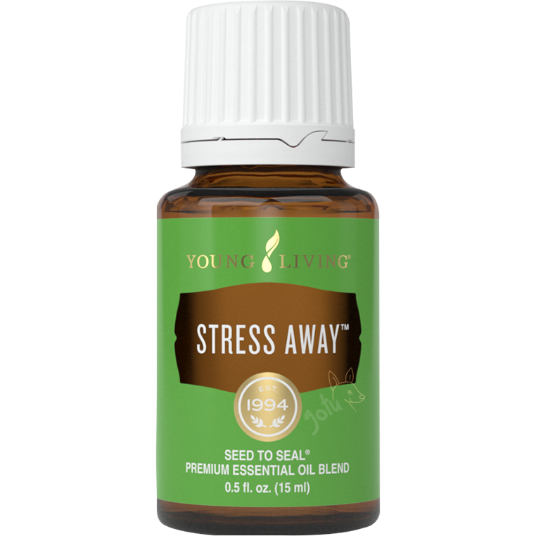 Frasco de 15ml do óleo essencial Stress Away da Young Living, uma mistura calmante com extrato de baunilha e limão.
