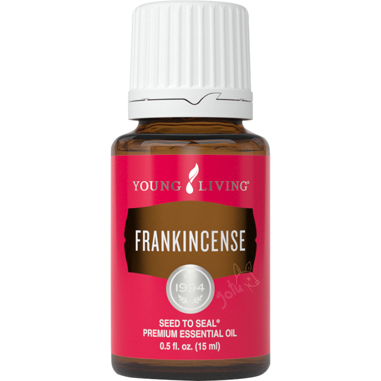 Frasco de 5ml de óleo essencial Frankincense da Young Living sobre uma base de madeira rústica.