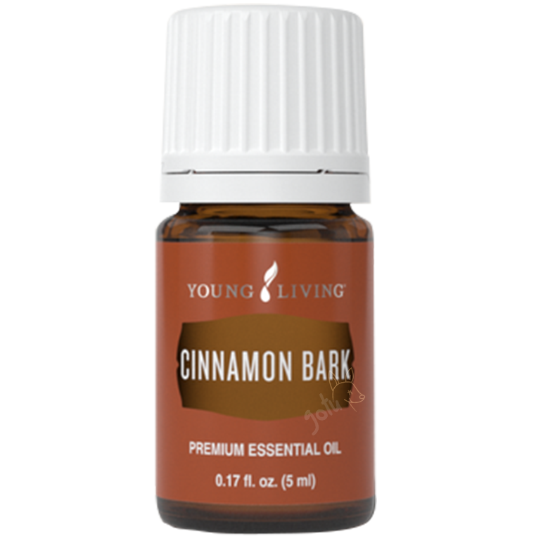 Frasco de óleo essencial Young Living Cinnamon Bark (Casca de Canela) com rótulo visível, sobre fundo neutro, destacando o produto de aromaterapia.