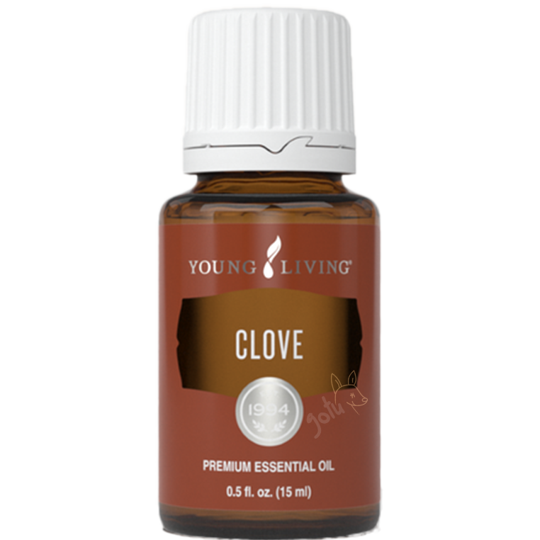 Frasco de óleo essencial Clove (Cravo) da Young Living, com rótulo visível, destacando o aroma doce e picante.