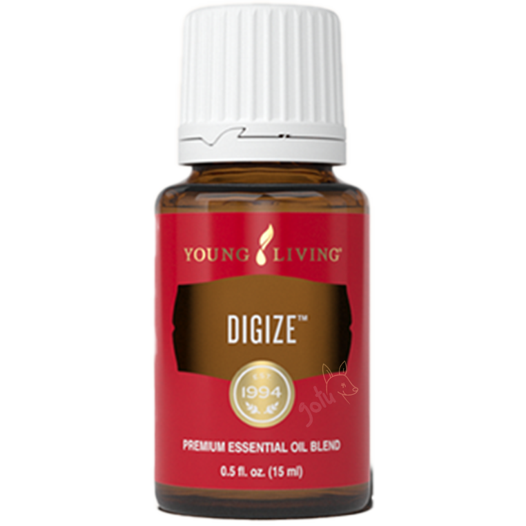 Frasco de 15ml e caixa do óleo essencial DiGize da Young Living, uma mistura aromática exótica e pura.