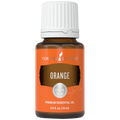Frasco de óleo essencial Orange da Young Living com rótulo cor de laranja e ilustração de citrinos.