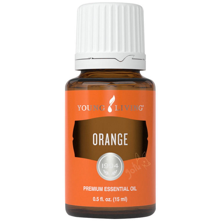 Frasco de óleo essencial Orange da Young Living com rótulo cor de laranja e ilustração de citrinos.
