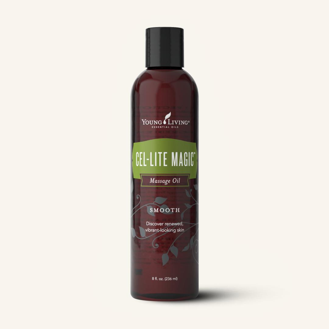 Imagem principal do frasco de 236ml do Óleo para Massagem Cel-Lite Magic da Young Living, com rótulo verde e branco, pronto a usar.