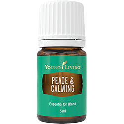 Frasco de 5ml do óleo essencial Young Living Peace & Calming com rótulo azul e branco, destacando o nome do produto e a marca.