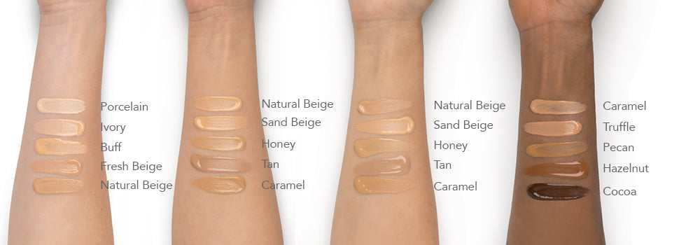 Frasco de vidro da base líquida Young Living Savvy Minerals com conta-gotas, mostrando a cor da base e o logótipo da marca.