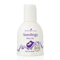 Frasco branco de óleo para bebé Young Living Seedlings de 75ml com rótulo roxo e lavanda.