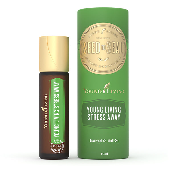Young Living Stress Away Roll-On 10ml, frasco de óleo essencial com aplicador roll-on, destaque do rótulo verde e branco.