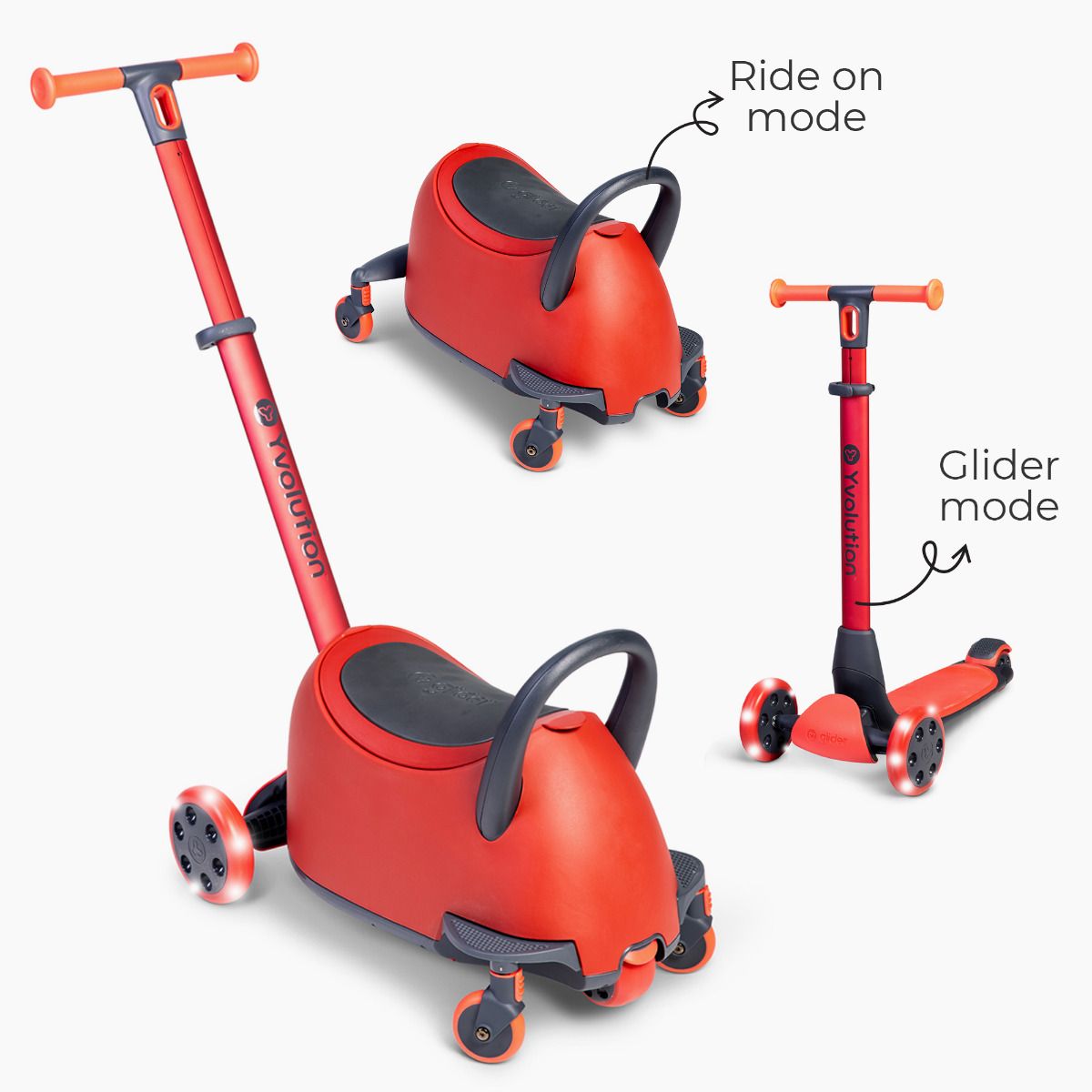 O Y-volution Glider Luna em vermelho e cinzento, mostrando os modos "Ride on mode" (passeio com pega) e "Glider mode" (trotinete), com luzes nas rodas.